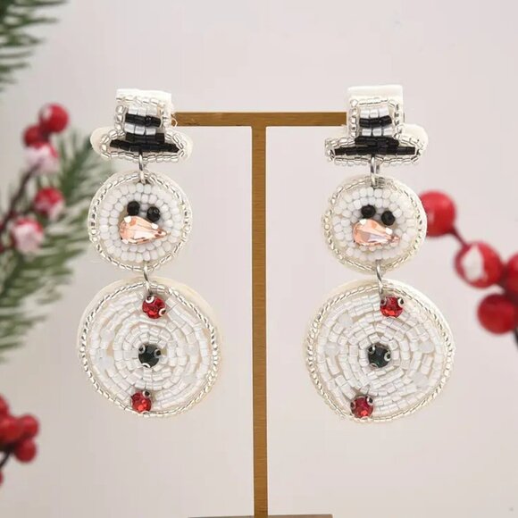 Crystal & Beaded Dangle Snowman Seed Bead Statement Christmas Earrings - Picture 3 of 7